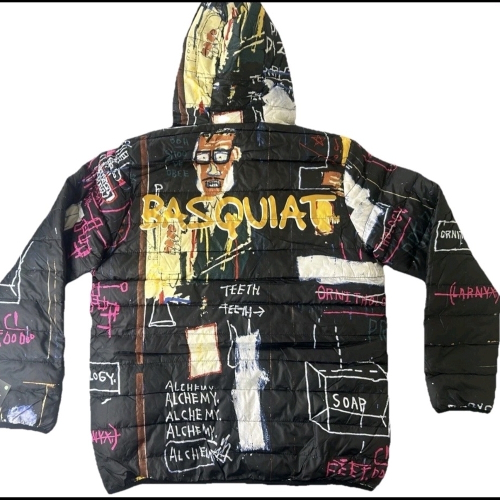 Jean Michel Basquiat Members Only Puffer Hoodie Black Graffiti Jacket XXL *NWT* - Picture 2 of 2